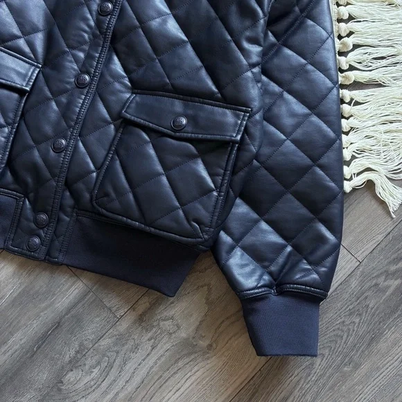 Rebecca Minkoff Diamond Quilted Faux Leather Navy Blue Bomber Jacket - Picture 2 of 12
